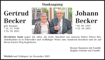 Todesanzeige von Gertrud und Johann  Becker von trierischer_volksfreund