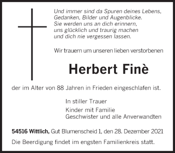 Todesanzeige von Herbert Fine von trierischer_volksfreund