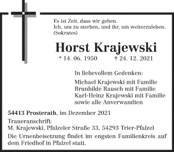 Todesanzeige von Horst Krajewski von trierischer_volksfreund