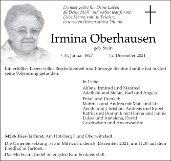 Todesanzeige von Irmina Oberhausen von trierischer_volksfreund