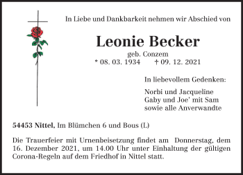 Todesanzeige von Leonie Becker von trierischer_volksfreund