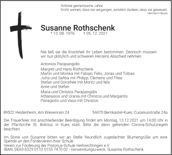 Todesanzeige von Susanne Rothschenk von trierischer_volksfreund