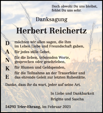 Todesanzeige von Herbert Reithertz von trierischer_volksfreund