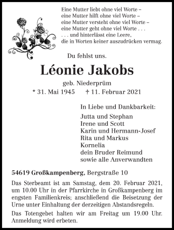 Todesanzeige von Léonie Jakobs von trierischer_volksfreund