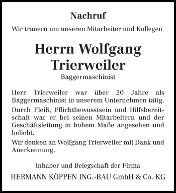 Todesanzeige von Wolfgang Trierweiler von trierischer_volksfreund