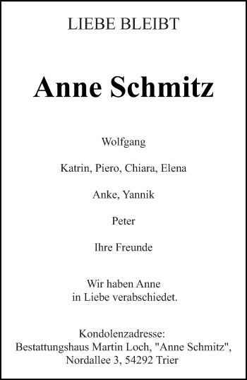 Todesanzeige von Anne Schmitz von trierischer_volksfreund