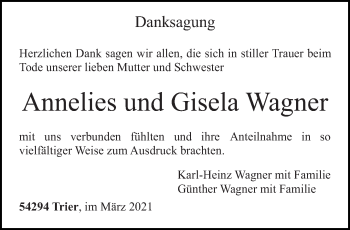 Todesanzeige von Annelies und Giesla Wagner von trierischer_volksfreund