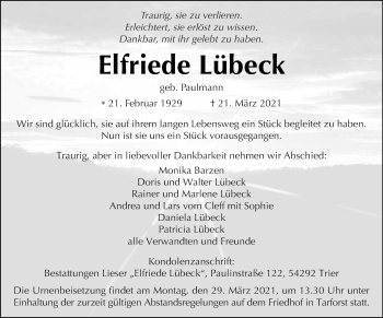 Todesanzeige von Elfriede Lübeck von trierischer_volksfreund