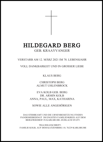 Todesanzeige von Hildegard Berg von trierischer_volksfreund