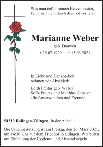Todesanzeige von Marianne Weber von trierischer_volksfreund