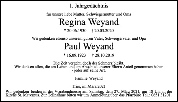 Todesanzeige von Regina und Paul Weyand von trierischer_volksfreund