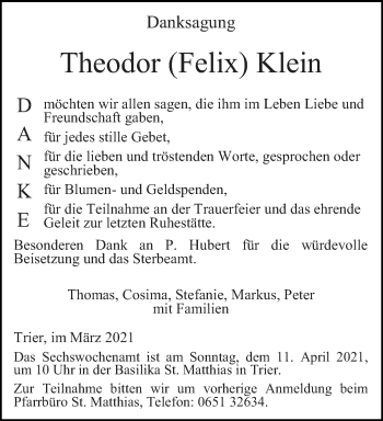 Todesanzeige von Theodor Felix Klein von trierischer_volksfreund
