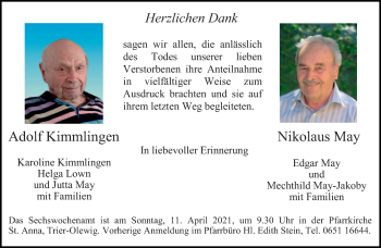 Todesanzeige von Adolf und Nikolaus  von trierischer_volksfreund