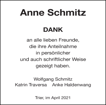 Todesanzeige von Anne Schmitz von trierischer_volksfreund