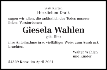 Todesanzeige von Giesela Wahlen von trierischer_volksfreund