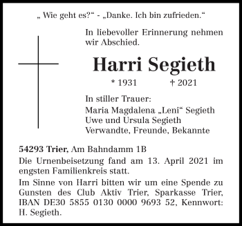 Todesanzeige von Harri Segieth von trierischer_volksfreund