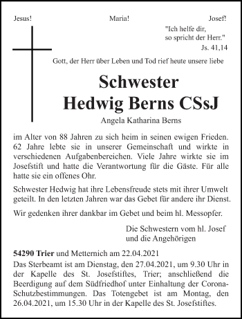 Todesanzeige von Hedwig Berns von trierischer_volksfreund