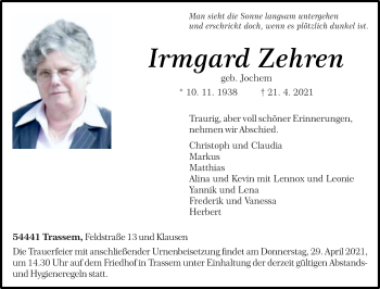Todesanzeige von Irmgard Zehren von trierischer_volksfreund