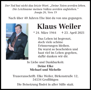 Todesanzeige von Klaus Weiler von trierischer_volksfreund