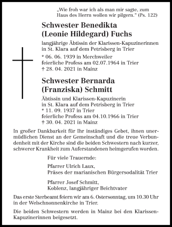 Todesanzeige von Leonie Hildegard Fuchs von trierischer_volksfreund