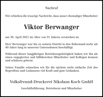 Todesanzeige von Viktor Berwanger von trierischer_volksfreund
