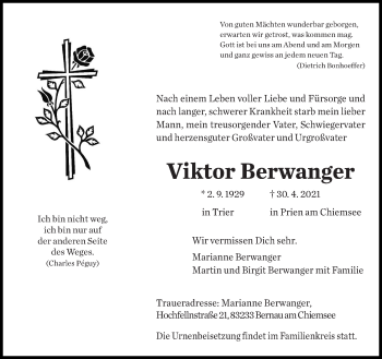 Todesanzeige von Viktor Berwanger von trierischer_volksfreund