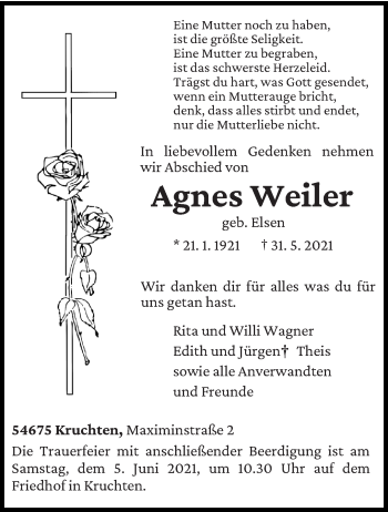 Todesanzeige von Agnes Weiler von trierischer_volksfreund