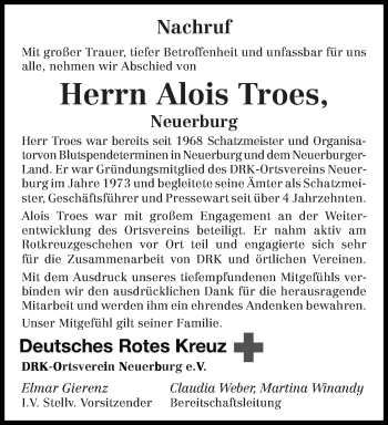 Todesanzeige von Alois Troes von trierischer_volksfreund