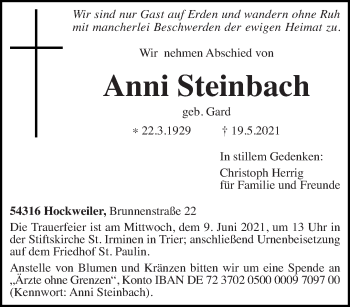 Todesanzeige von Anni Steinbach von trierischer_volksfreund