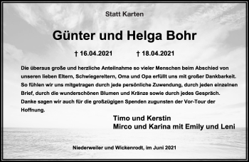 Todesanzeige von Günter und Helga Bohr von trierischer_volksfreund