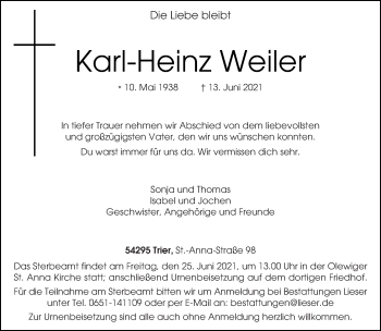 Todesanzeige von Karl-Heinz Weiler von trierischer_volksfreund