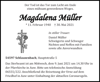 Todesanzeige von Magdalena Müller von trierischer_volksfreund