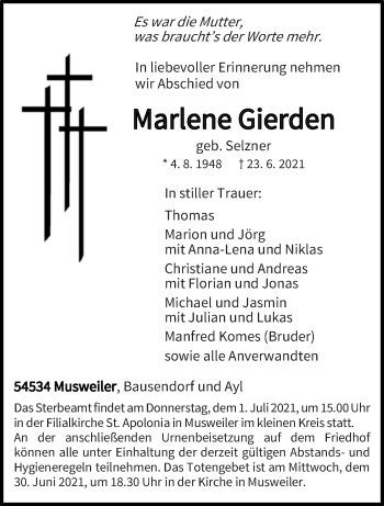 Todesanzeige von Marlene Gierden von trierischer_volksfreund