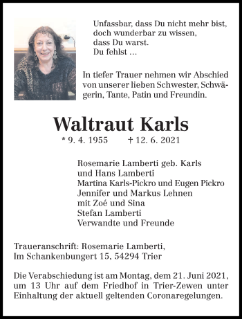 Todesanzeige von Waltraut Karls von trierischer_volksfreund