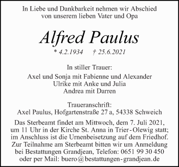 Todesanzeige von Alfred Paulus von trierischer_volksfreund