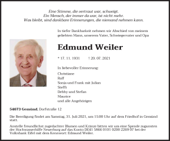 Todesanzeige von Edmund Weiler von trierischer_volksfreund