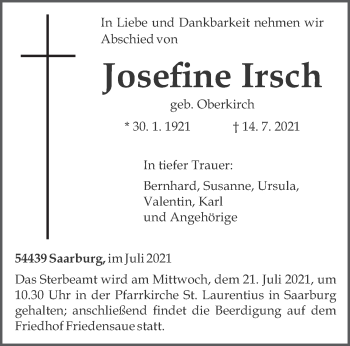 Todesanzeige von Josefine Irsch von trierischer_volksfreund