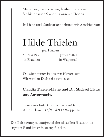 Todesanzeige von Hilde Thielen von trierischer_volksfreund