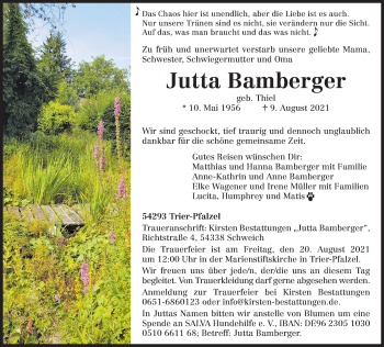 Todesanzeige von Jutta Bamberger von trierischer_volksfreund