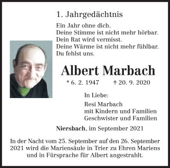 Todesanzeige von Albert Marbach von trierischer_volksfreund