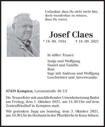 Todesanzeige von Josef Claes von trierischer_volksfreund