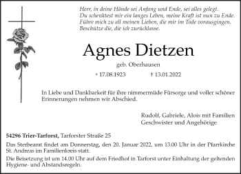 Todesanzeige von Agnes Dietzen von trierischer_volksfreund
