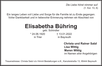 Todesanzeige von Elisabetha Bühring von trierischer_volksfreund