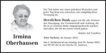 Todesanzeige von Irmina Oberhausen von trierischer_volksfreund