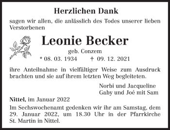 Todesanzeige von Leonie Becker von trierischer_volksfreund