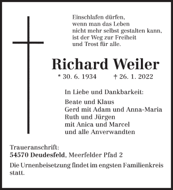 Todesanzeige von Richard Weiler von trierischer_volksfreund