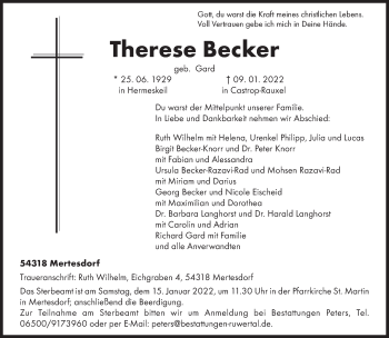 Todesanzeige von Therese Becker von trierischer_volksfreund