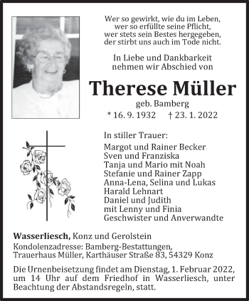 Todesanzeige von Therese Müller von trierischer_volksfreund