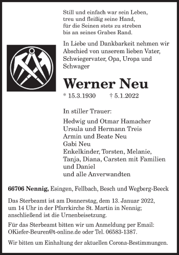 Todesanzeige von Werner Neu von trierischer_volksfreund