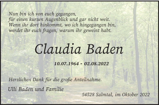 Todesanzeige von Claudia Baden von trierischer_volksfreund